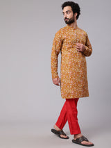 Mustard Floral Print Long Kurta - Elganza