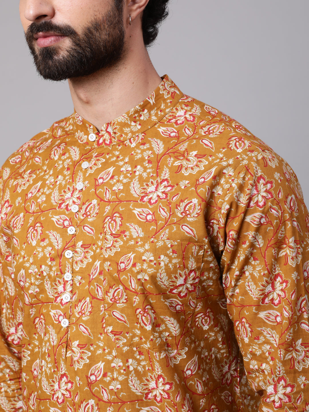 Mustard Floral Print Long Kurta - Elganza