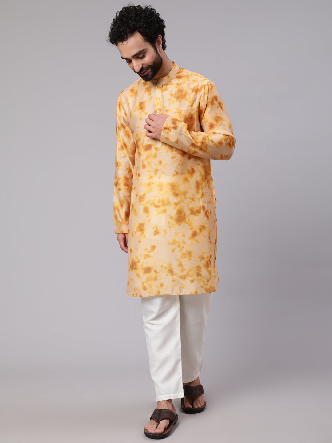 Beige Tie & Dye Print Long Kurta - Elganza