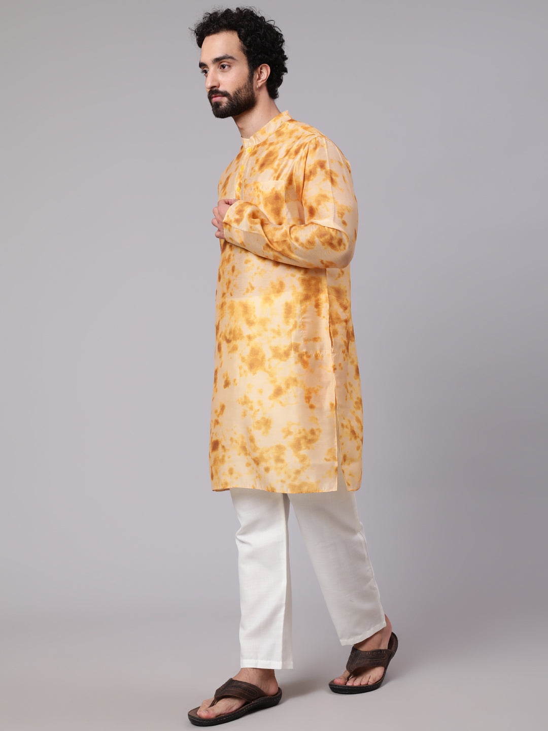 Beige Tie & Dye Print Long Kurta - Elganza
