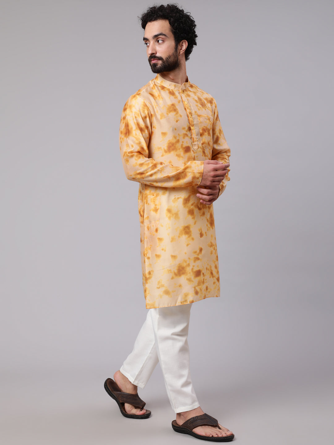 Beige Tie & Dye Print Long Kurta - Elganza