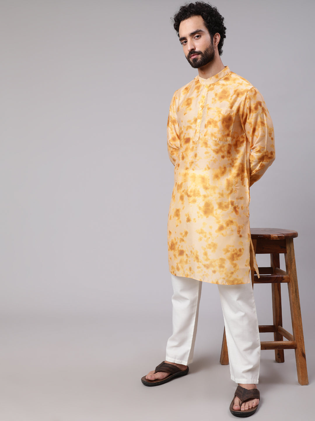 Beige Tie & Dye Print Long Kurta - Elganza