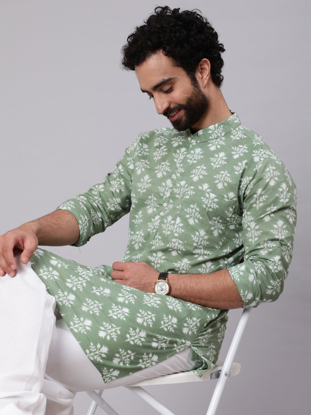 Pastel Green Floral Print Kurta - Elganza
