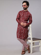 Maroon White Floral Print Kurta With Churidar - Elganza