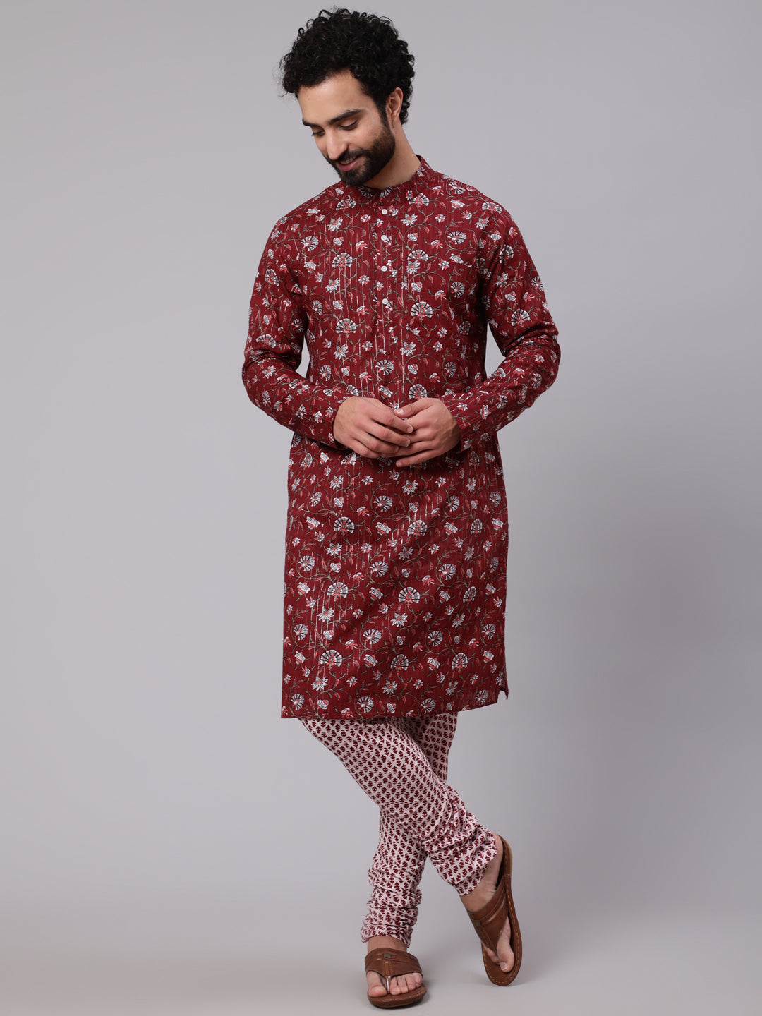 Maroon White Floral Print Kurta With Churidar - Elganza
