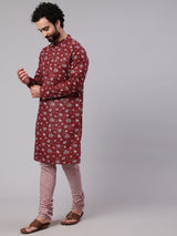 Maroon White Floral Print Kurta With Churidar - Elganza