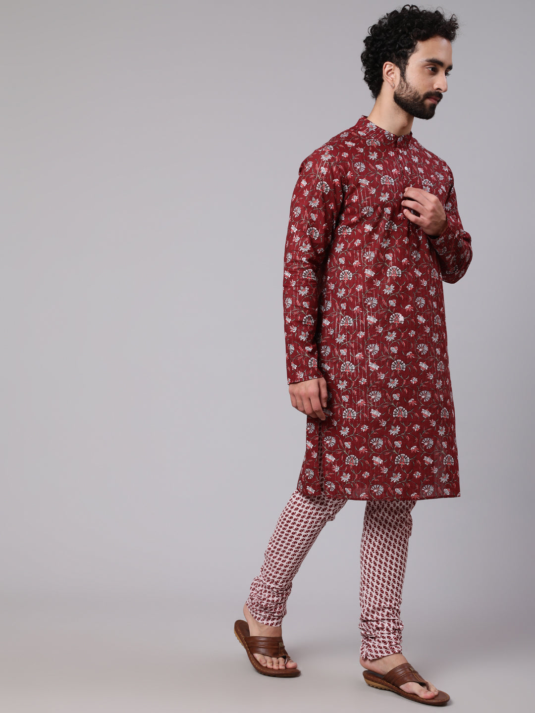 Maroon White Floral Print Kurta With Churidar - Elganza