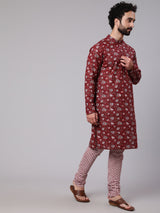 Maroon White Floral Print Kurta With Churidar - Elganza