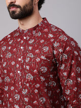 Maroon White Floral Print Kurta With Churidar - Elganza