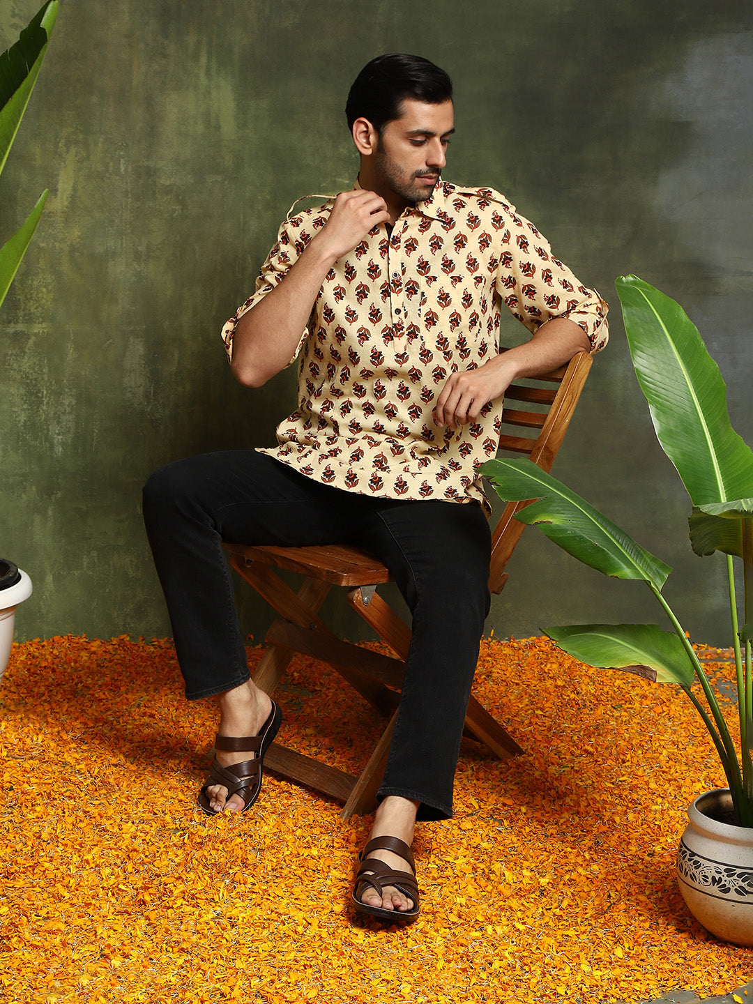 Brown & Cream Floral Print Couple Combo Set - Elganza