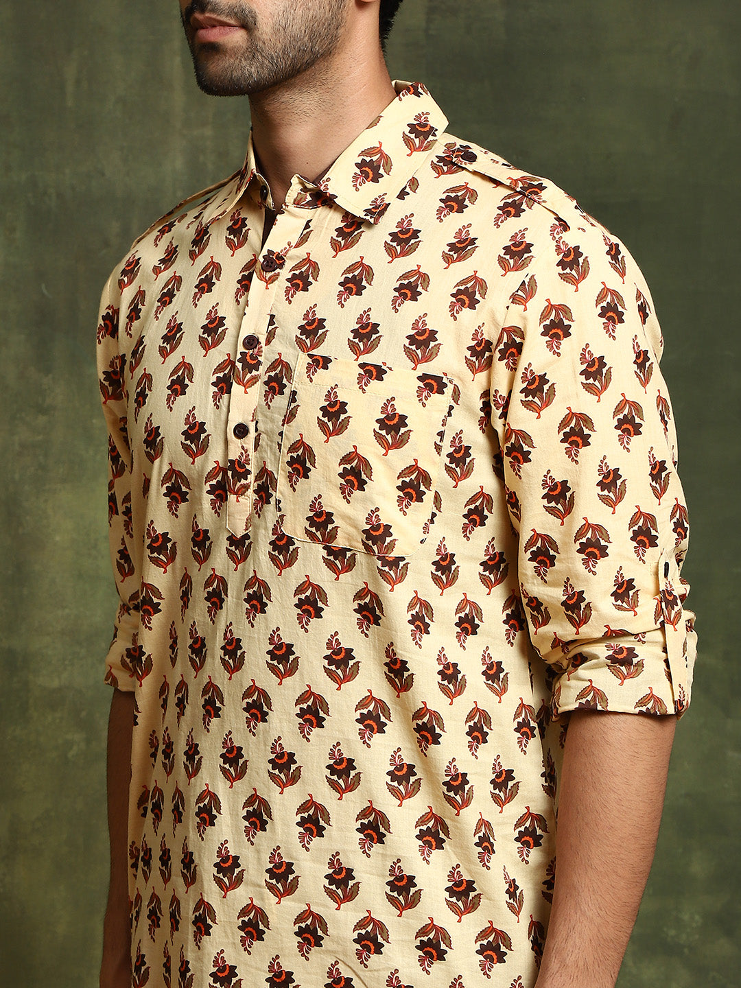 Cream Floral Print Kurta - Elganza