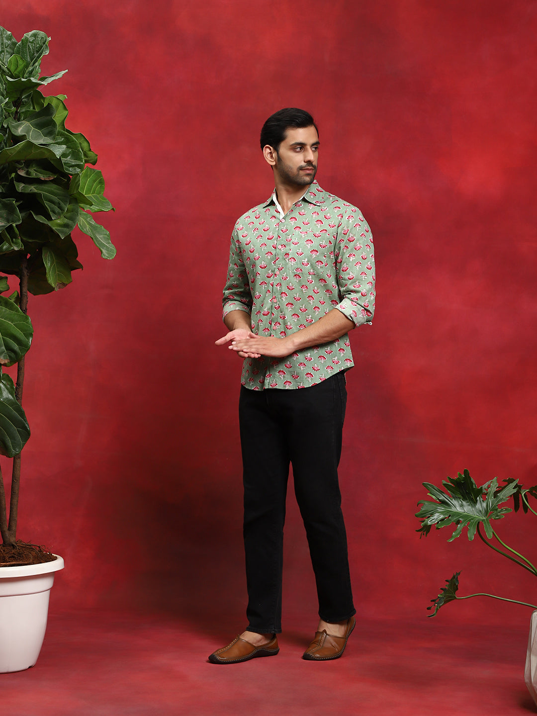 Pastel Green Floral Print Shirt - Elganza