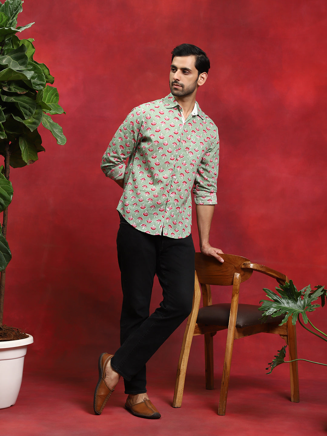 Pastel Green Floral Print Shirt - Elganza