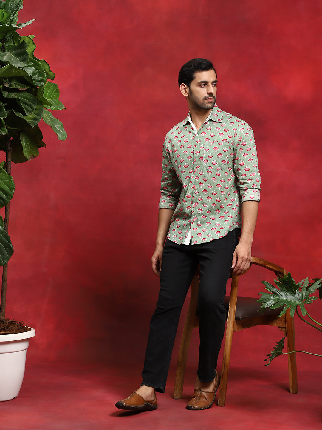 Pastel Green Floral Print Shirt - Elganza