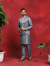 Grey Kurta Pyjama With Floral Print Nehru Jacket - Elganza