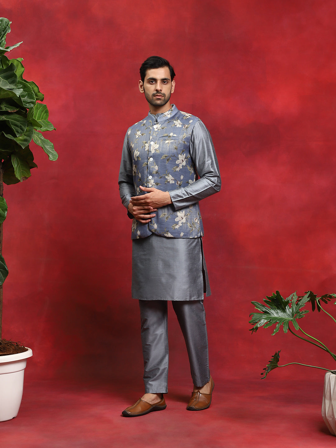 Grey Kurta Pyjama With Floral Print Nehru Jacket - Elganza