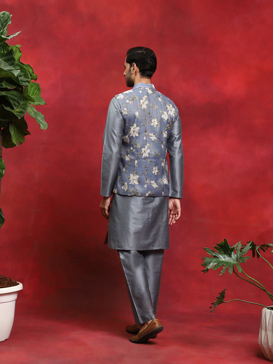 Grey Kurta Pyjama With Floral Print Nehru Jacket - Elganza