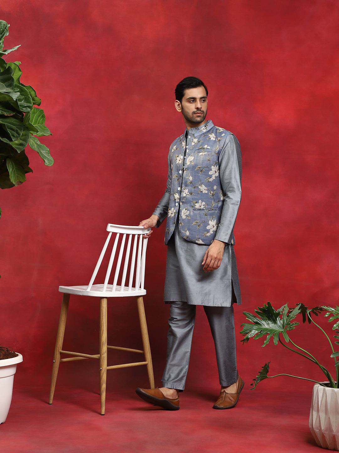 Grey Kurta Pyjama With Floral Print Nehru Jacket - Elganza
