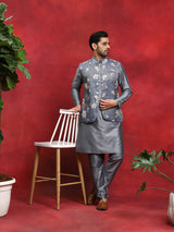 Grey Kurta Pyjama With Floral Print Nehru Jacket - Elganza