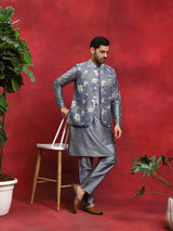 Grey Kurta Pyjama With Floral Print Nehru Jacket - Elganza