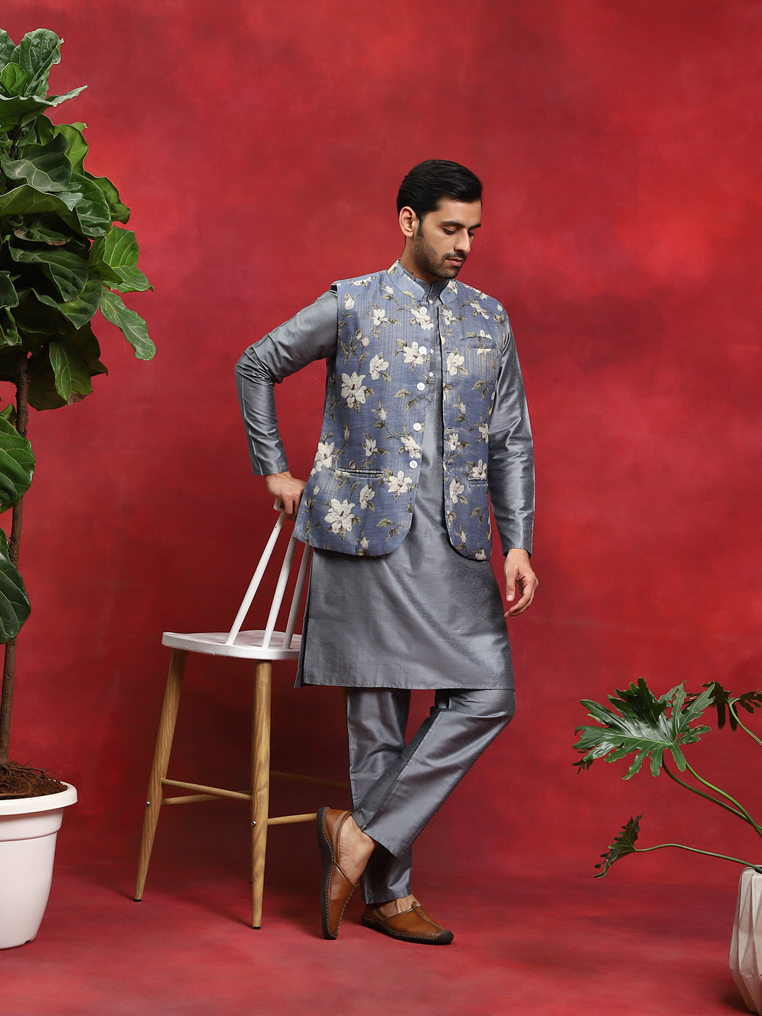 Grey Kurta Pyjama With Floral Print Nehru Jacket - Elganza
