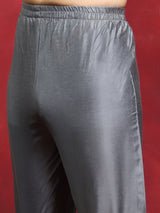 Grey Kurta Pyjama With Floral Print Nehru Jacket - Elganza