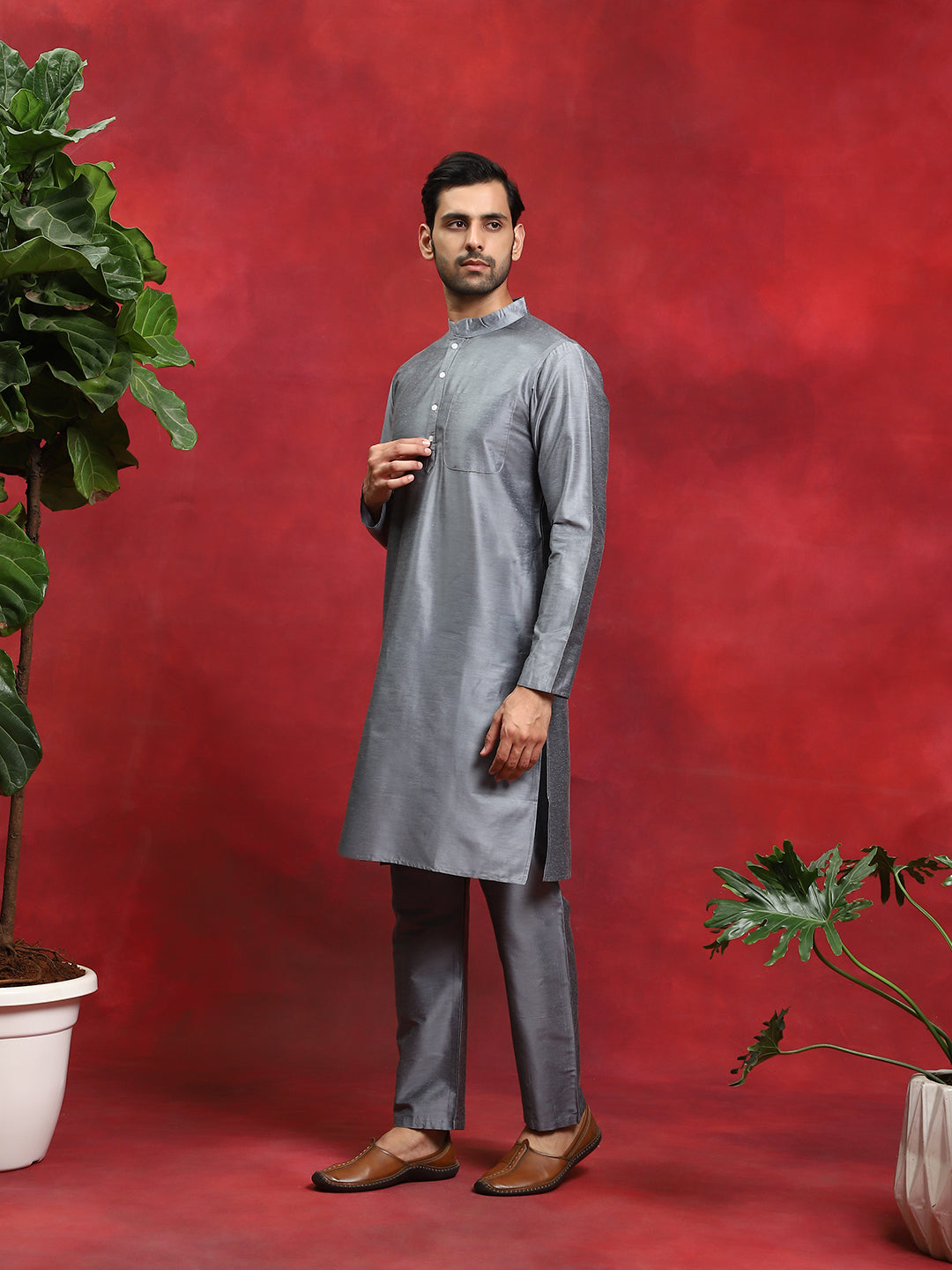 Grey Kurta Pyjama With Floral Print Nehru Jacket - Elganza