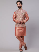 Rose Gold Kurta Pyjana With Floral Print Nehru Jacket - Elganza