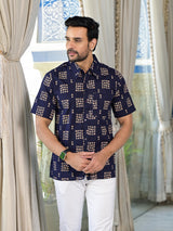 Navy Blue Floral Print Shirt - Elganza