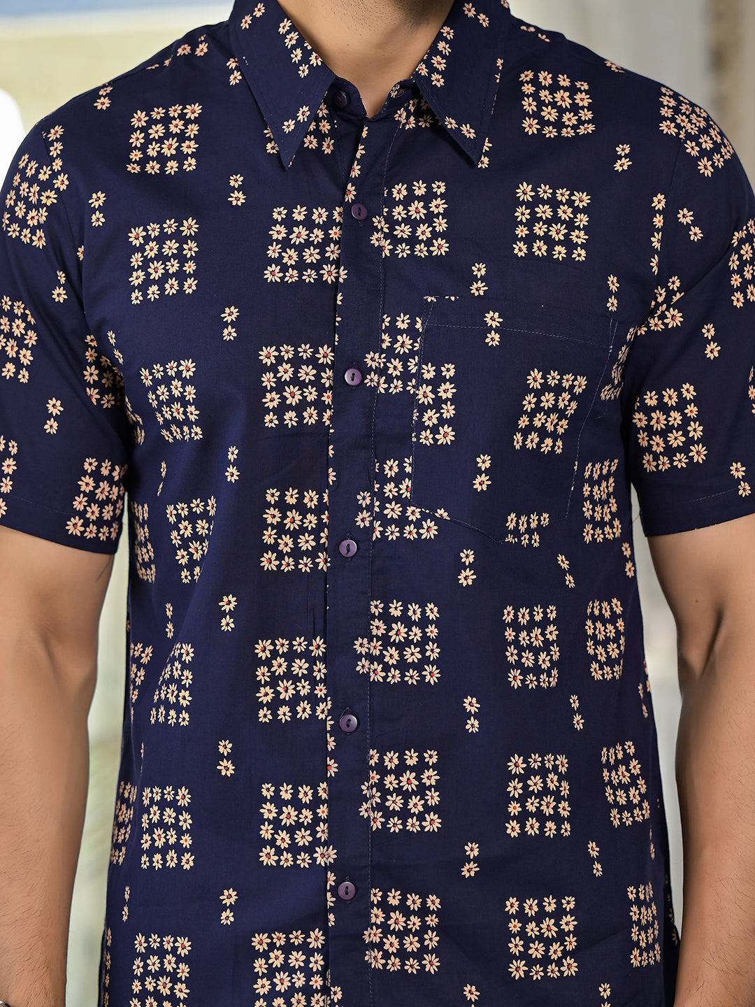 Navy Blue Floral Print Shirt - Elganza