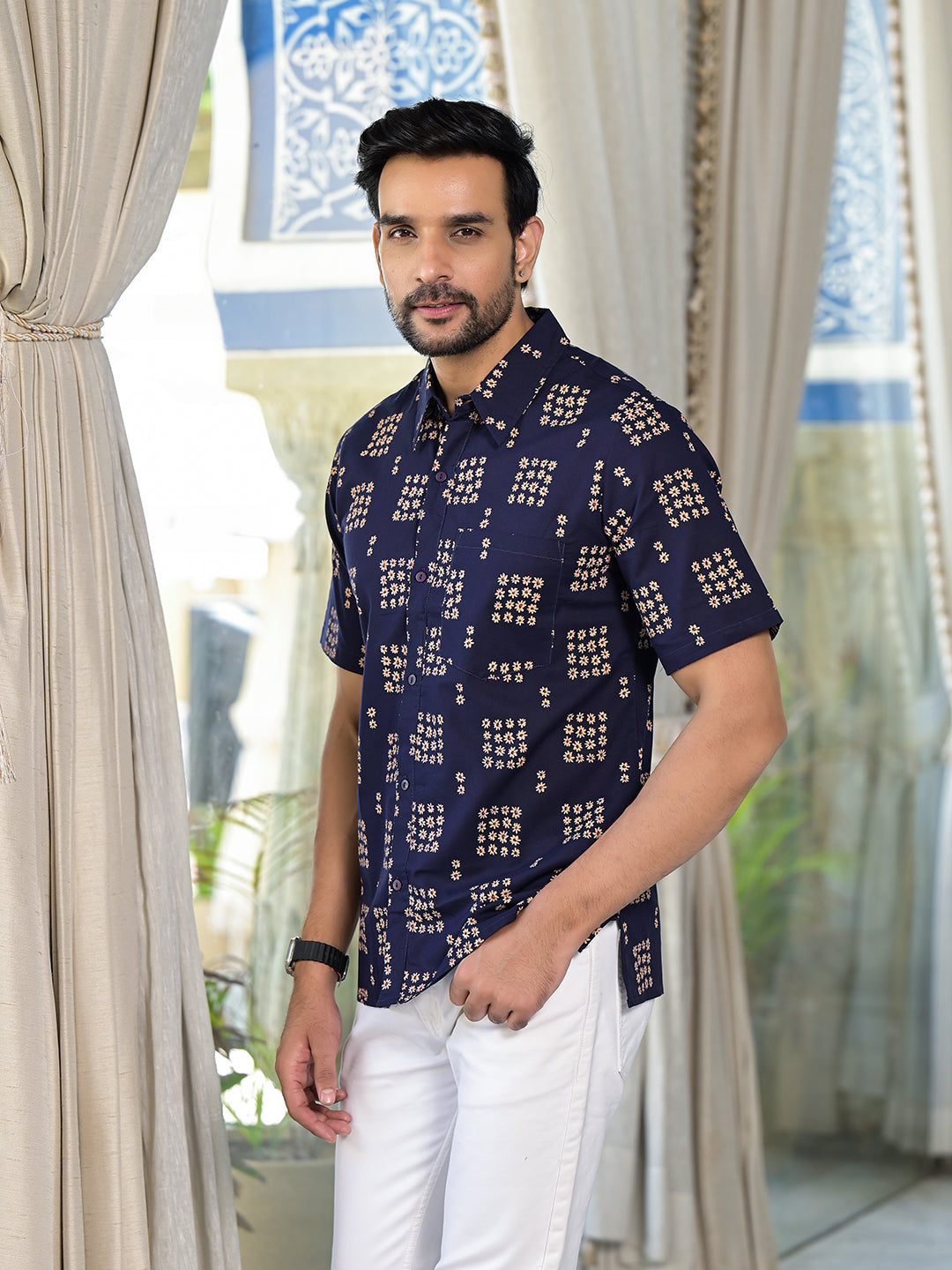 Navy Blue Floral Print Shirt - Elganza