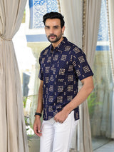 Navy Blue Floral Print Shirt - Elganza
