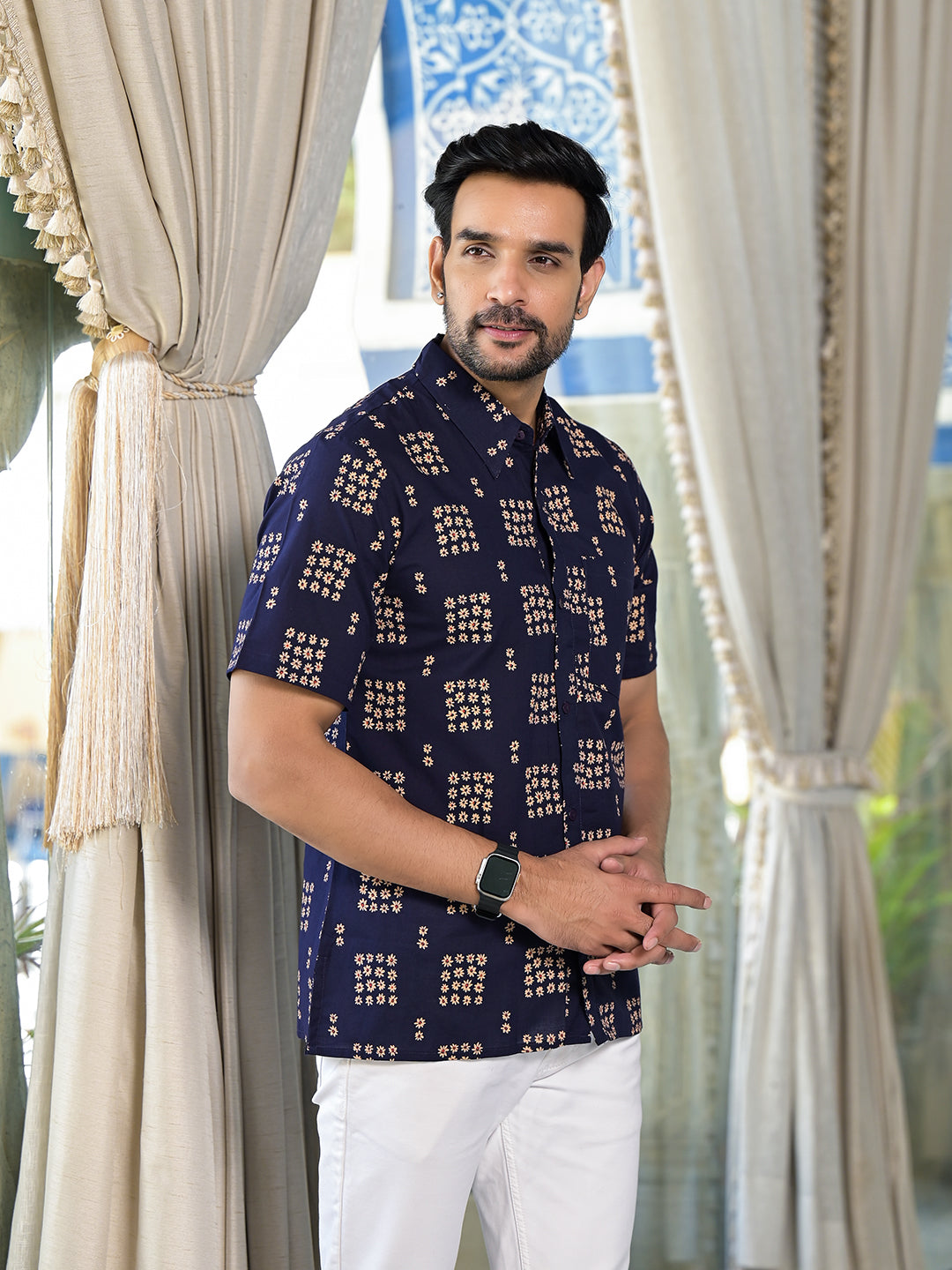 Navy Blue Floral Print Shirt - Elganza