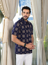 Navy Blue Floral Print Shirt - Elganza