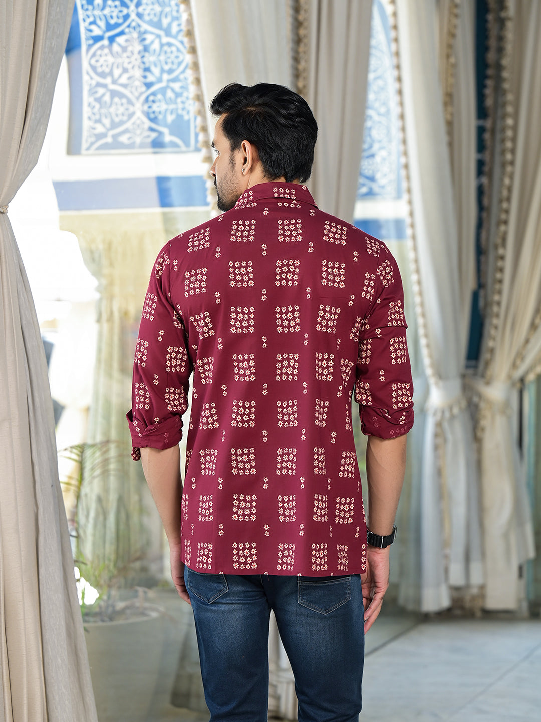 Maroon Foral Geometric Print shirt - Elganza