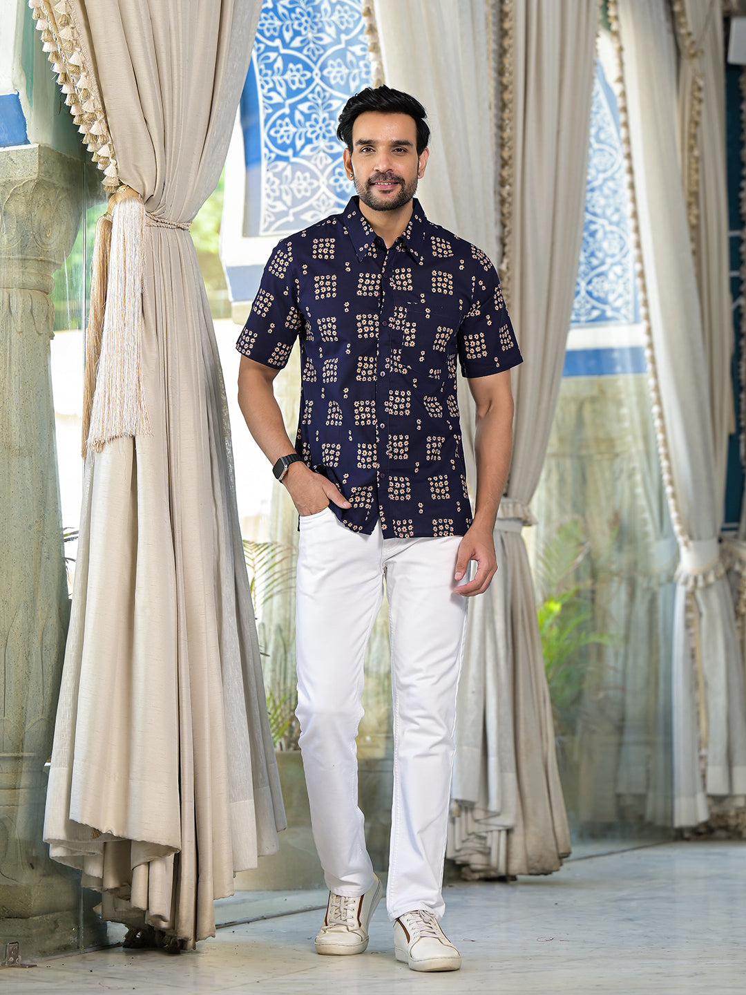 Navy Blue Floral Print Shirt - Elganza