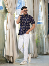 Navy Blue Floral Print Shirt - Elganza