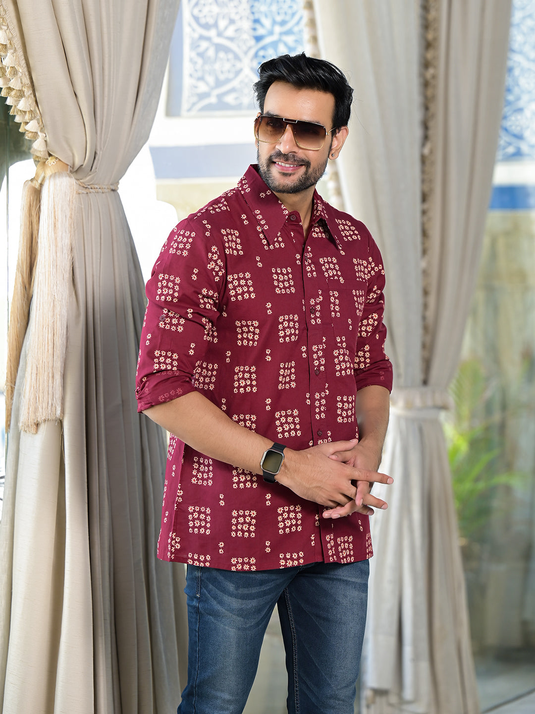 Maroon Foral Geometric Print shirt - Elganza