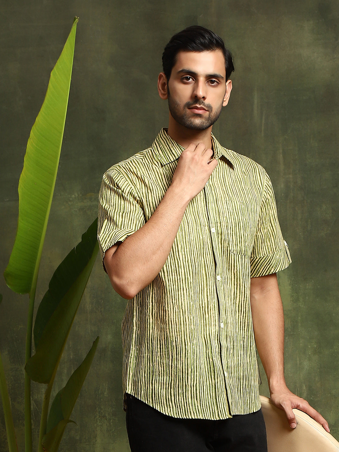 Green Striped Shirt With Roll-Up Sleeve - Elganza