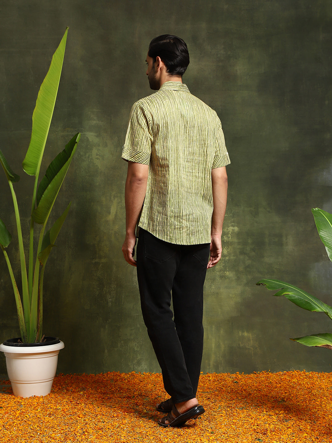 Green Striped Shirt With Roll-Up Sleeve - Elganza