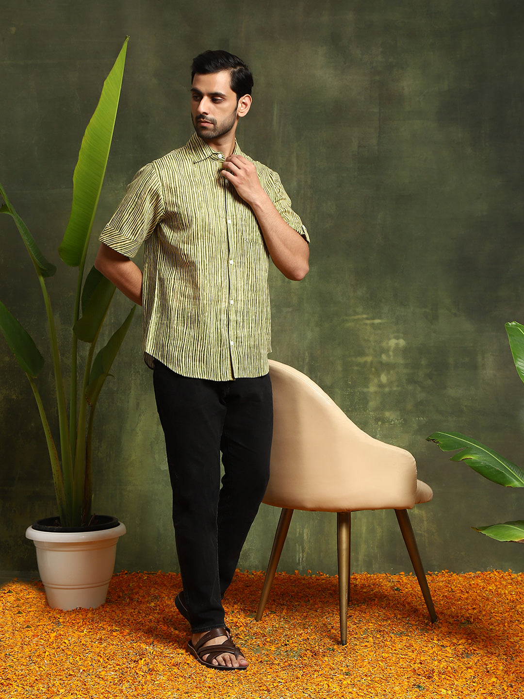 Green Striped Shirt With Roll-Up Sleeve - Elganza