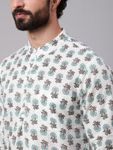 White Floral Print Long Kurta - Elganza