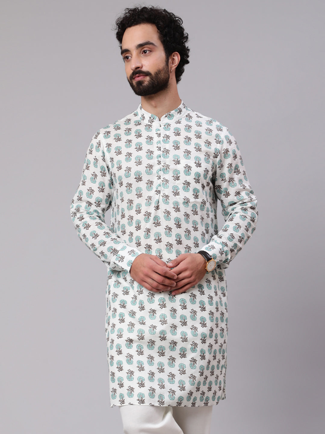 White Floral Print Long Kurta - Elganza