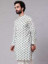 White Floral Print Long Kurta - Elganza