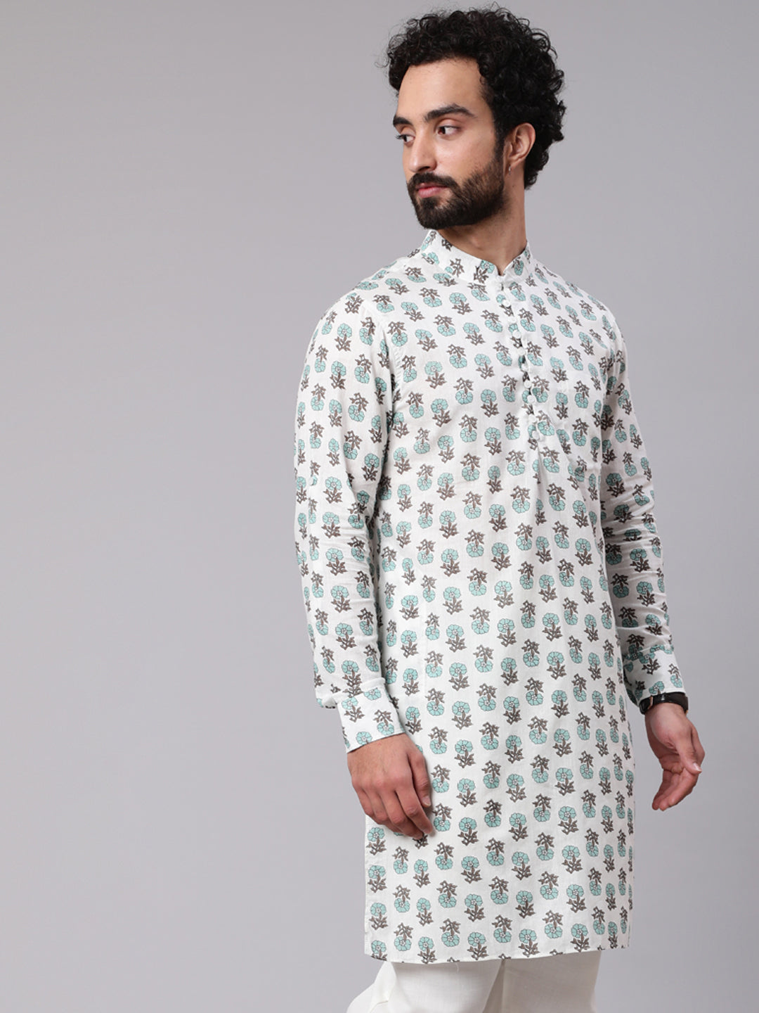 White Floral Print Long Kurta - Elganza