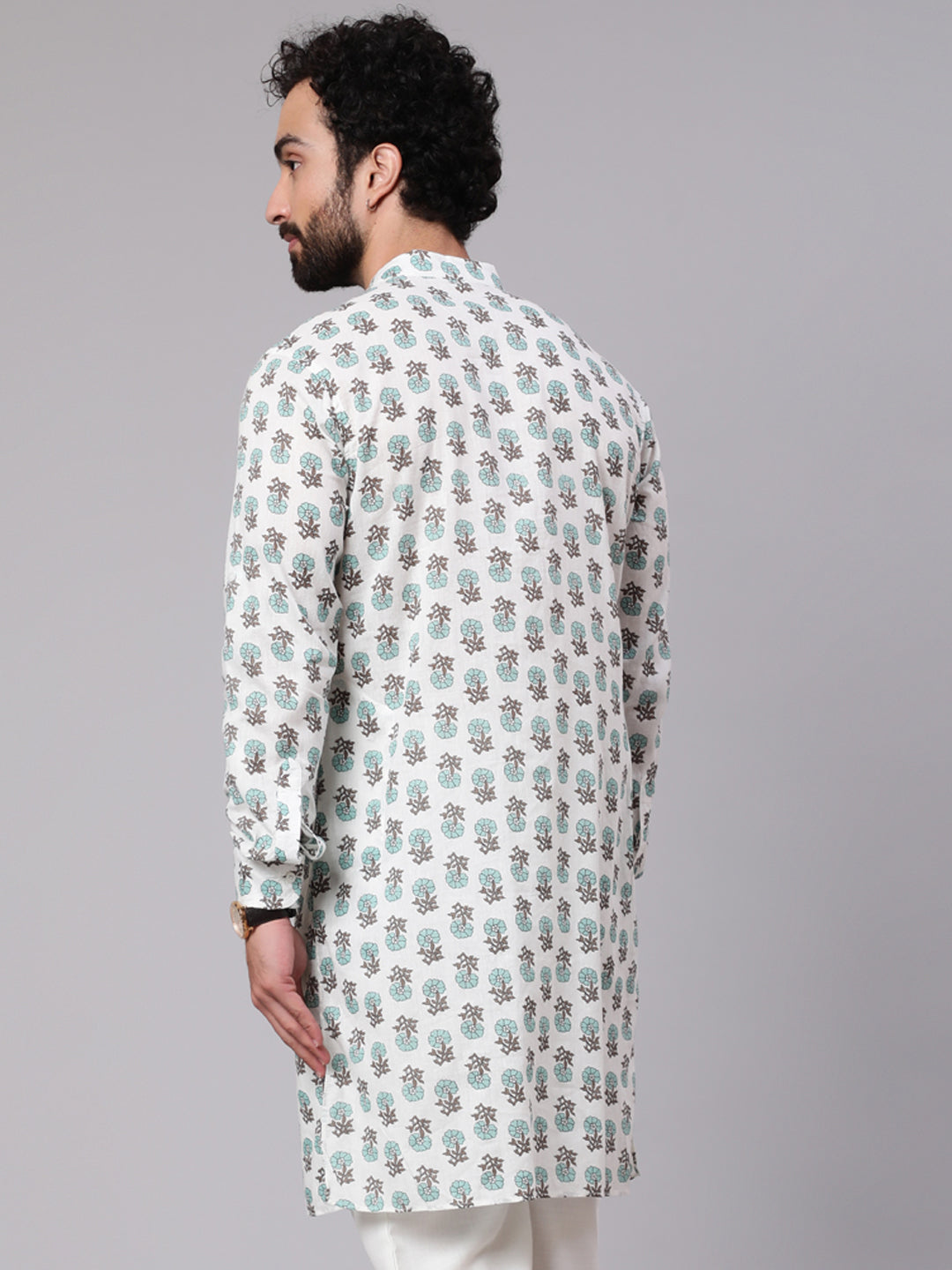 White Floral Print Long Kurta - Elganza