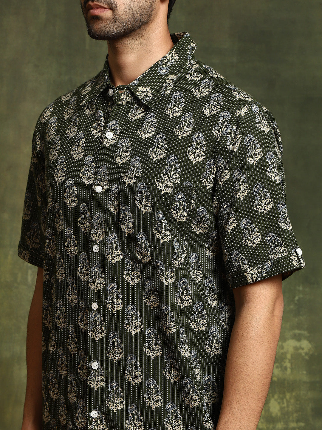 Olive Printed Kantha Work Shirt - Elganza