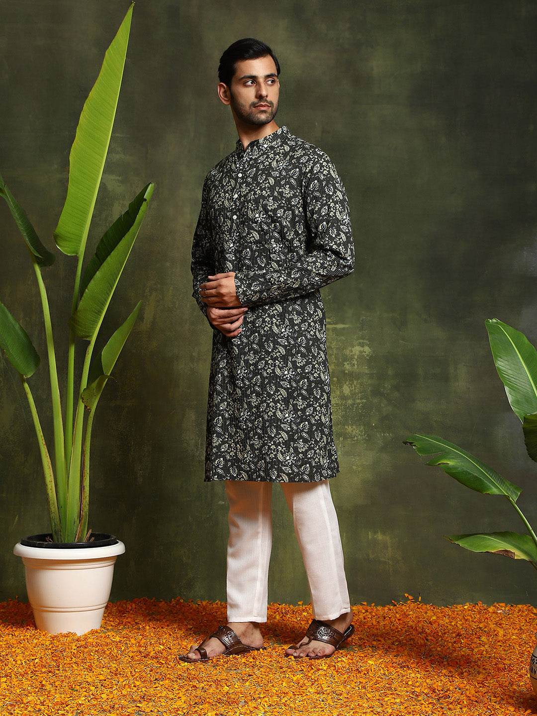 Olive Printed Kantha Work Kurta - Elganza