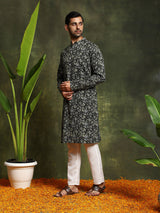 Olive Printed Kantha Work Kurta - Elganza
