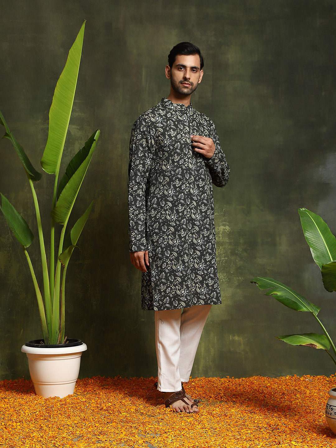 Green Floral Print Couple Combo Set - Elganza